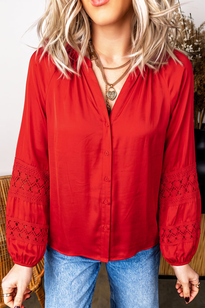 Fiery Red Patchwork Lace Long Sleeve V Neck Button Front Shirt
