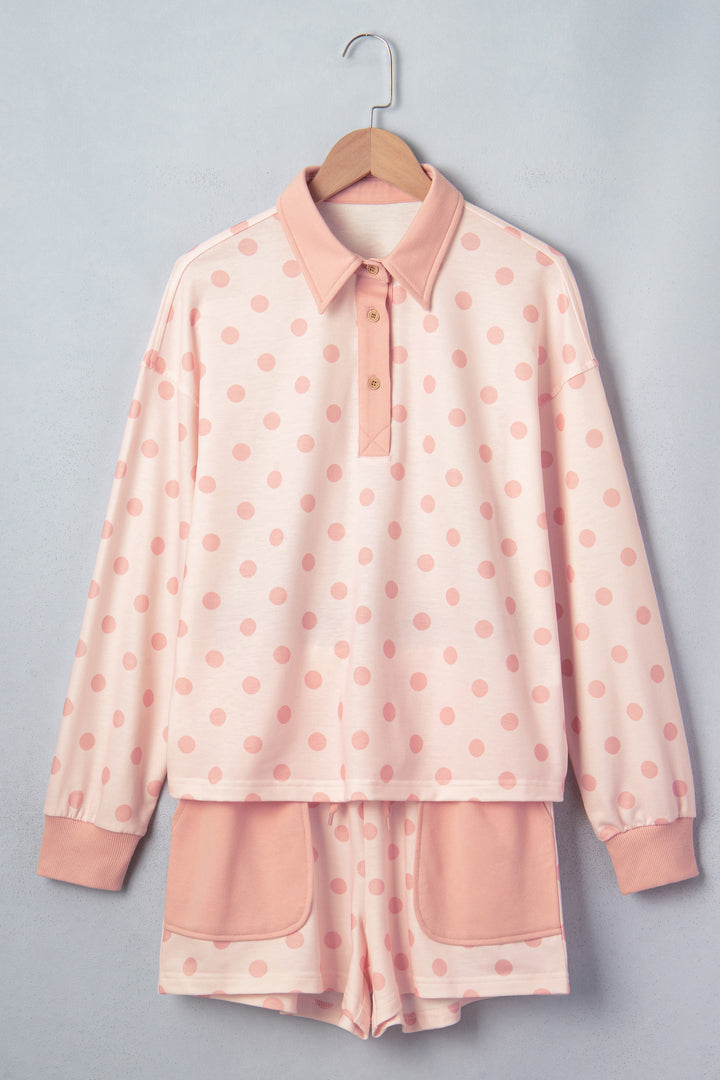 Pink Polka Dot Drop Shoulder Polo Loose Pullover Patch Pocket Casual Shorts Set