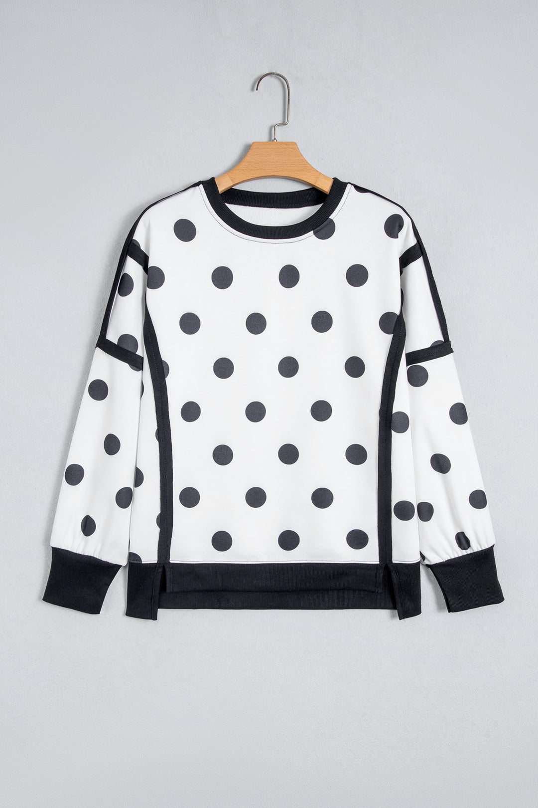 White Polka Dot Contrast Patchwork Round Neck Baggy Sweatshirt