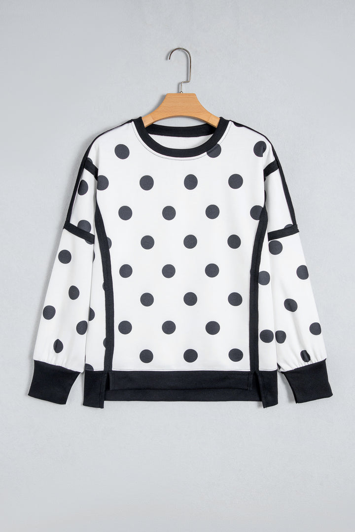 White Polka Dot Contrast Patchwork Round Neck Baggy Sweatshirt