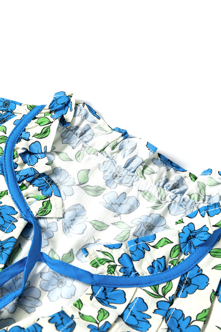 Sky Blue Tiered Flutter Sleeve Pleated Flower Blouse