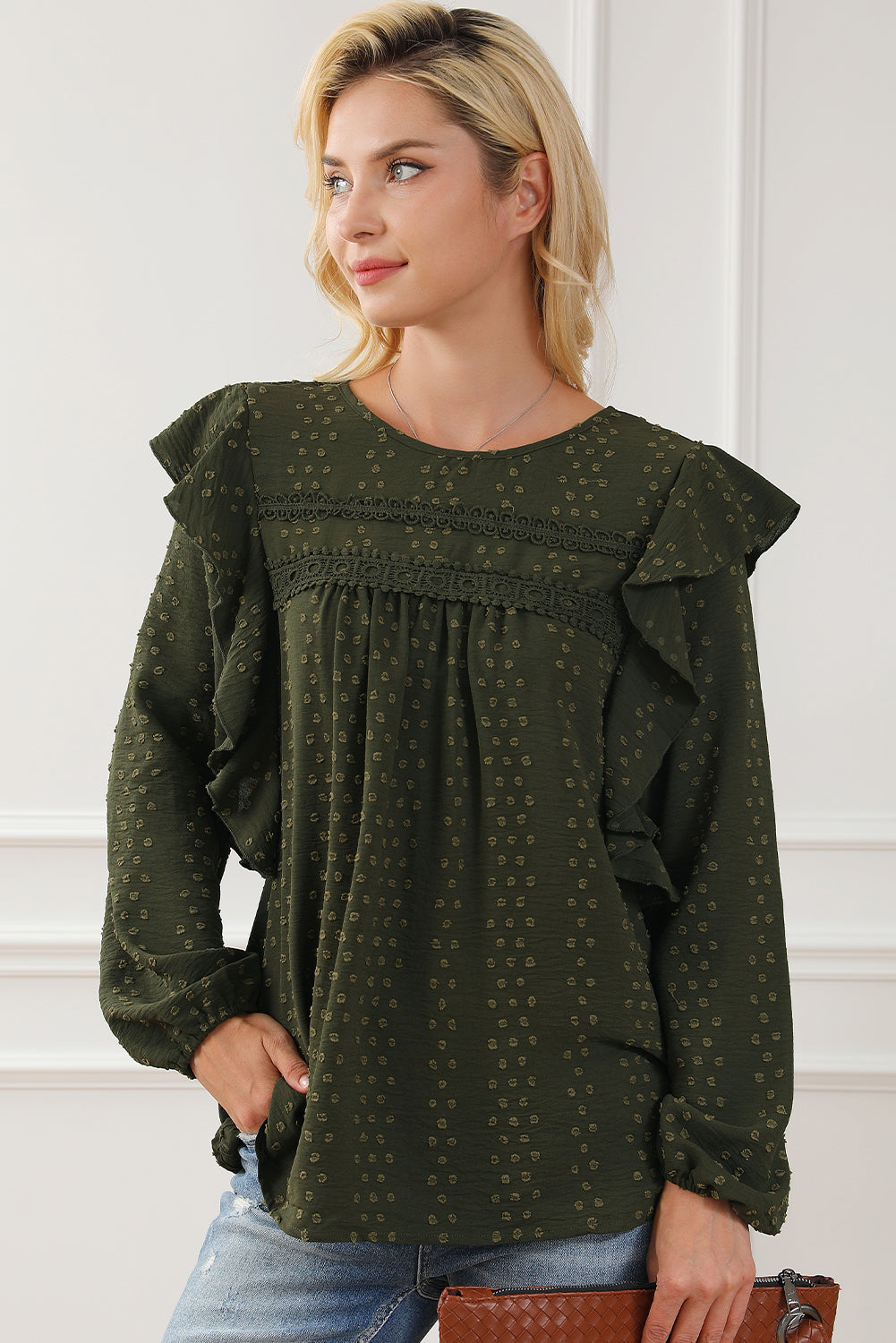 Blackish Green Lace Eyelet Ruffle Shoulder Long Sleeve Blouse