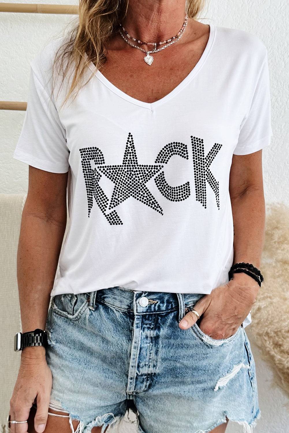 White Rhinestoned ROCK Star Graphic V Neck T Shirt