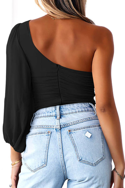 Black One Shoulder Mesh Long Sleeve Top