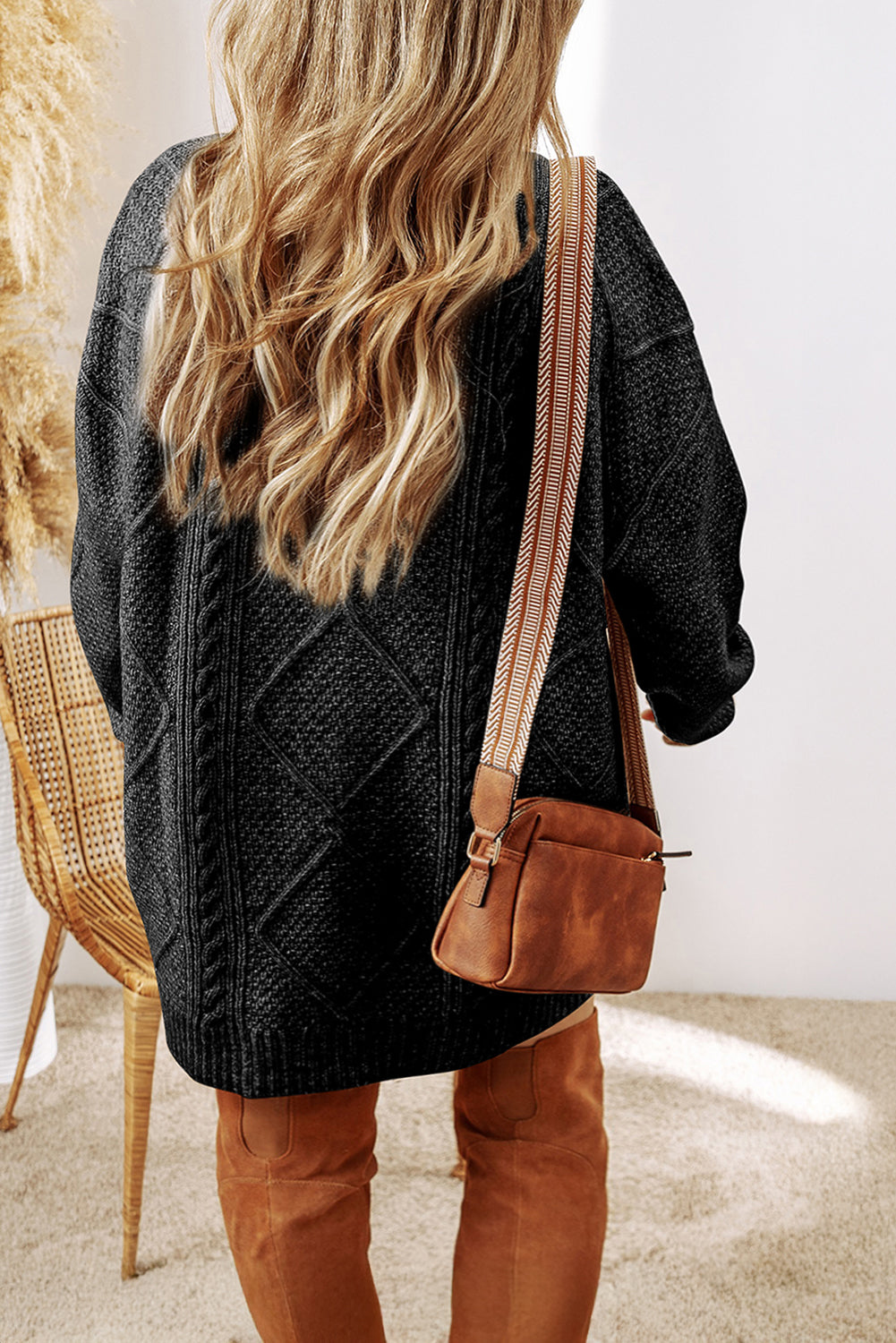 Black Cable Knit Drop Shoulder Loose Fit Sweater Dress