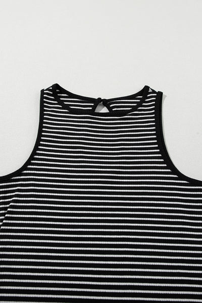 Black Striped Print Ribbed Knit Sleeveless Top