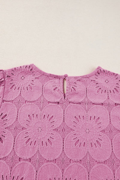 Bright Pink Flower Eyelet Jacquard Keyhole Flounce Sleeve Top