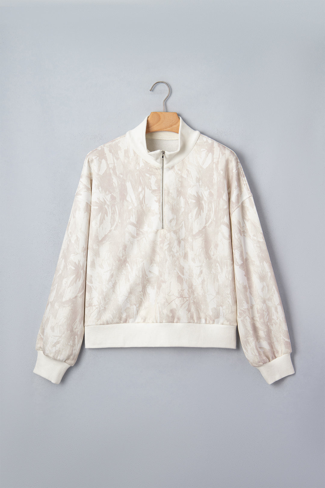 Khaki Camouflage Print Quarter-Zip Drop Shoulder Long Sleeve Sweatshirt