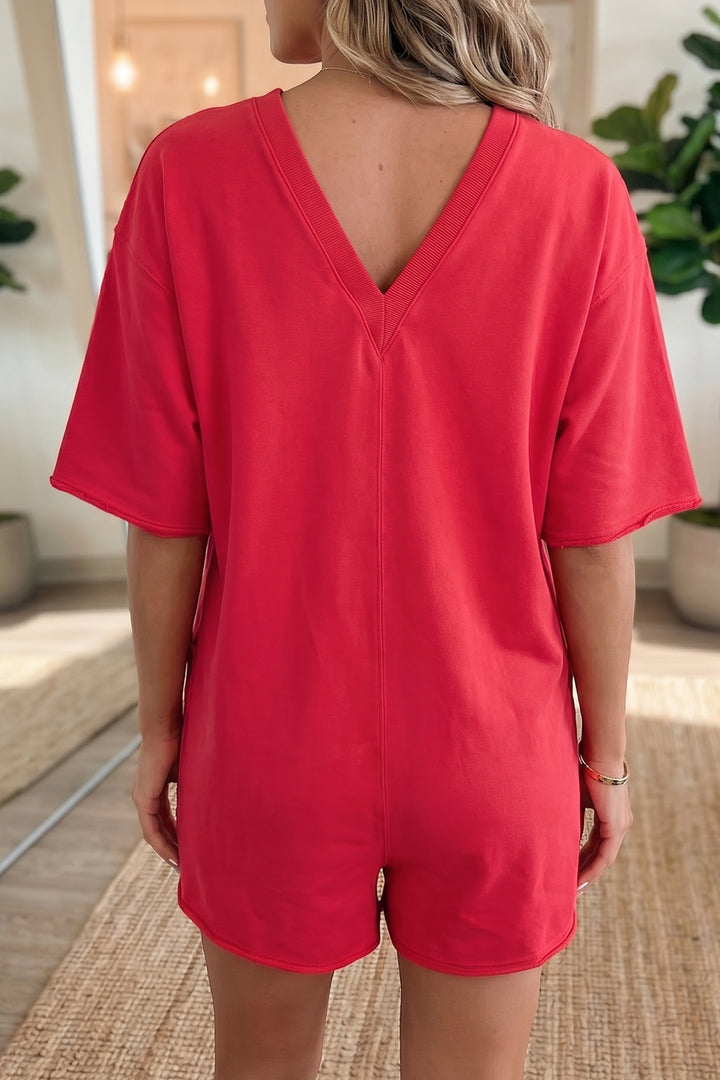 Bright Green Solid Color Raw Edge Half Sleeve Pocketed Loose Romper