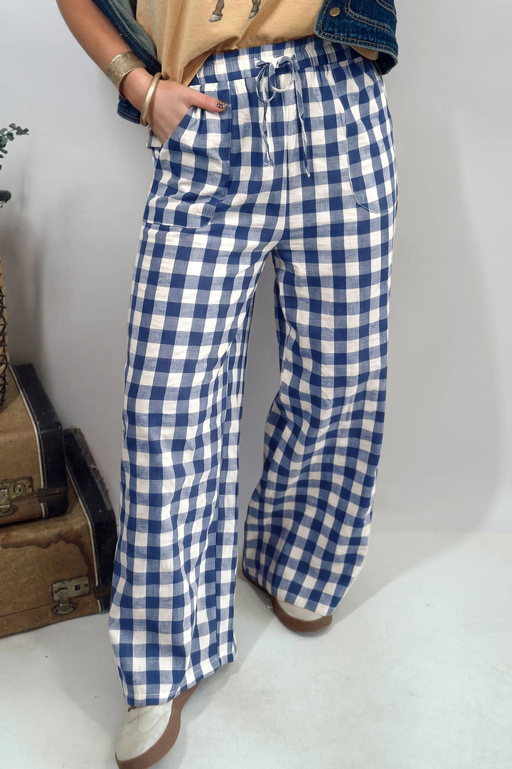 Red Gingham Plaid Tie Elastic Waist Shift Pants