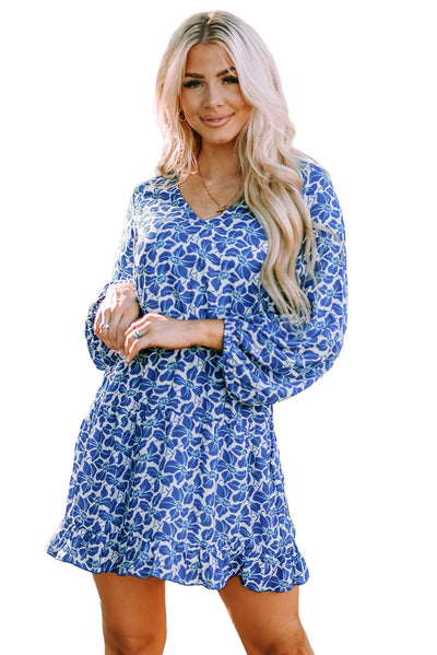 Blue Sky Blue/Blue/Apricot V Neck Lantern Sleeves Floral Tunic Dress