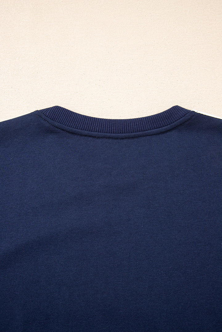 Dirty blue Varsity Striped Detail Crewneck Pullover Elastic Sweatpants 2pcs Outfit