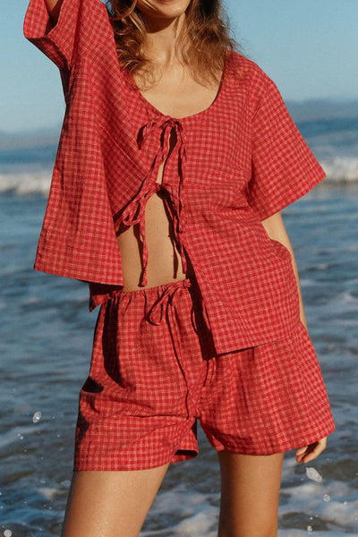 Plaid Tied Scoop Neck Short Sleeve Top and Drawstring Shorts Set