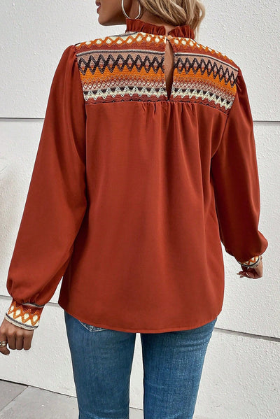 Red Clay Western Geometric Print Bubble Sleeve Frilled Neck Blouse