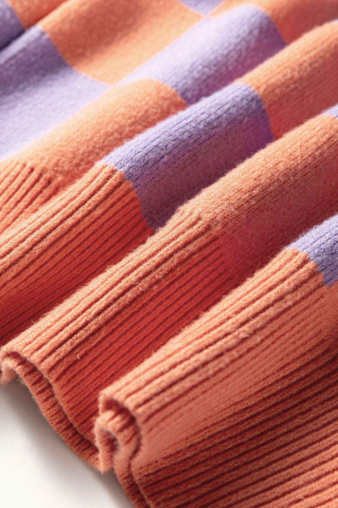 Grapefruit Orange Checkered Pattern Ribbed Trim Knit Baggy Sweater