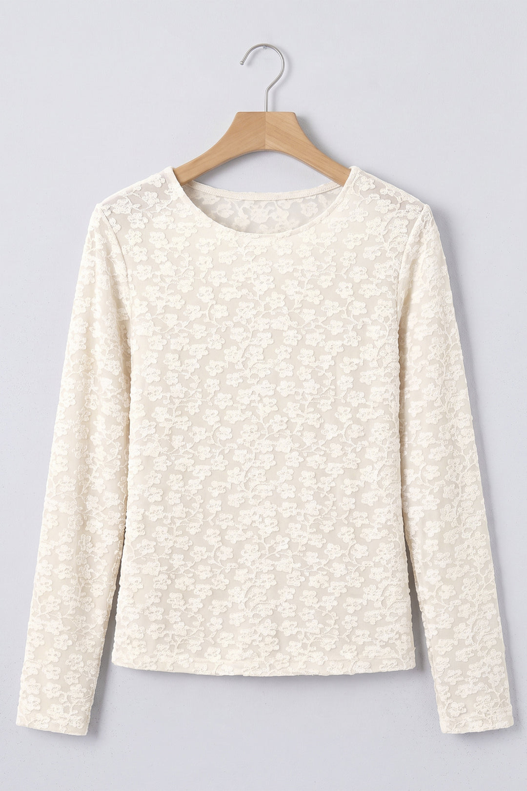 White Solid Color Floral Textured Long Sleeve Top