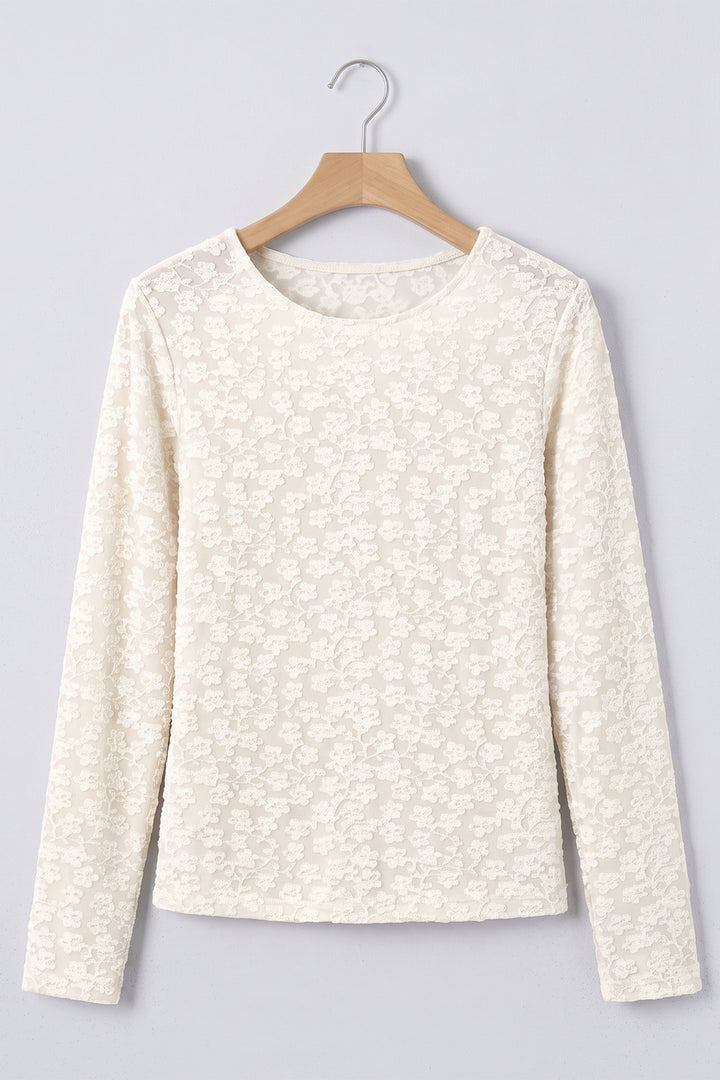 White Solid Color Floral Textured Long Sleeve Top