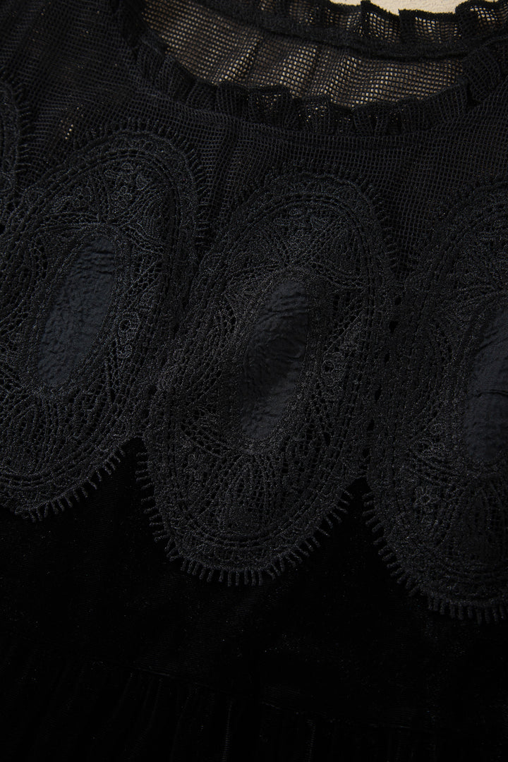 Black Embroidered Velvet Short Sleeve Mini Shift Dress