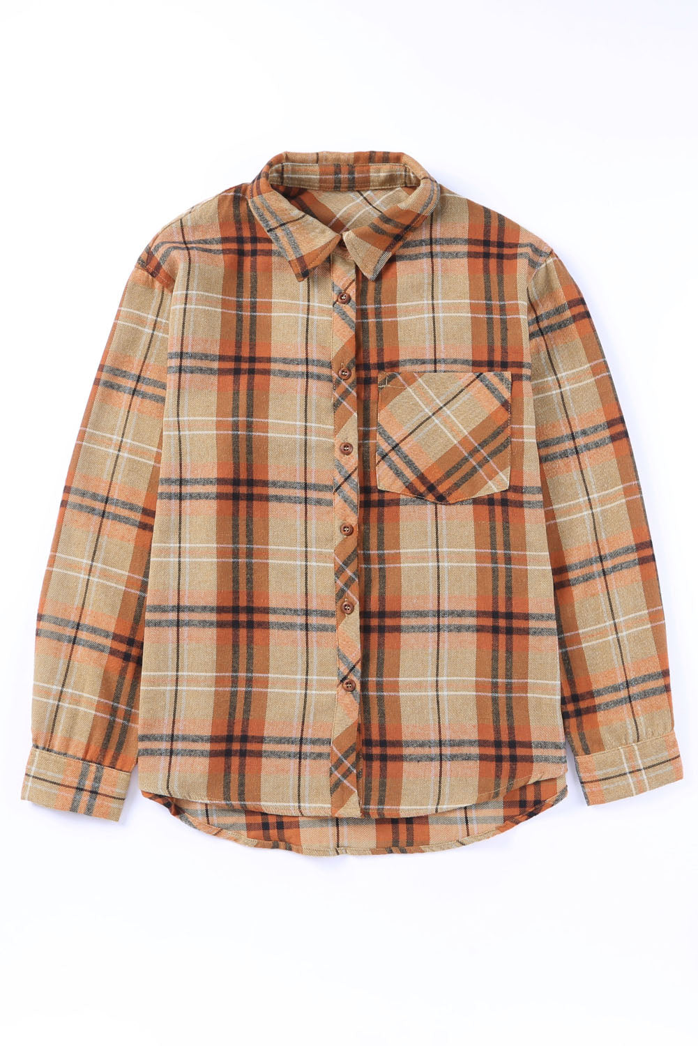 Orange Plaid Pocket Buttoned Long Sleeve Shirt