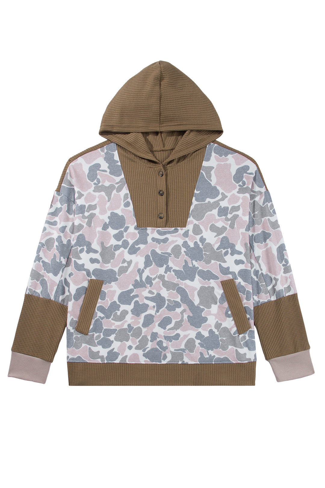 Khaki Camouflage Print Waffle Knit Patchwork Half Zip Plus Size Hoodie