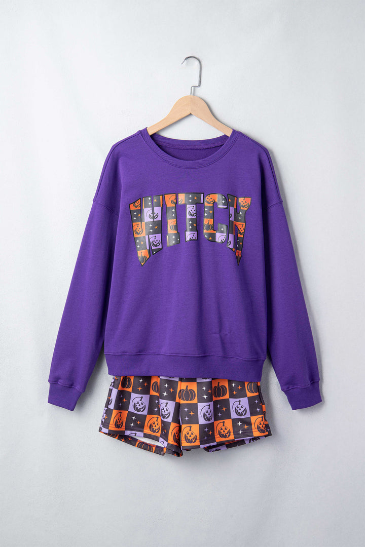 Orange Witch Letter Print Long Sleeve Top Checkered Elastic Waist Shorts Set