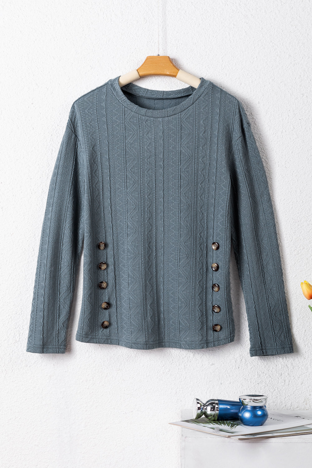 Ashleigh Blue Textured Buttoned Decor Long Sleeve Top