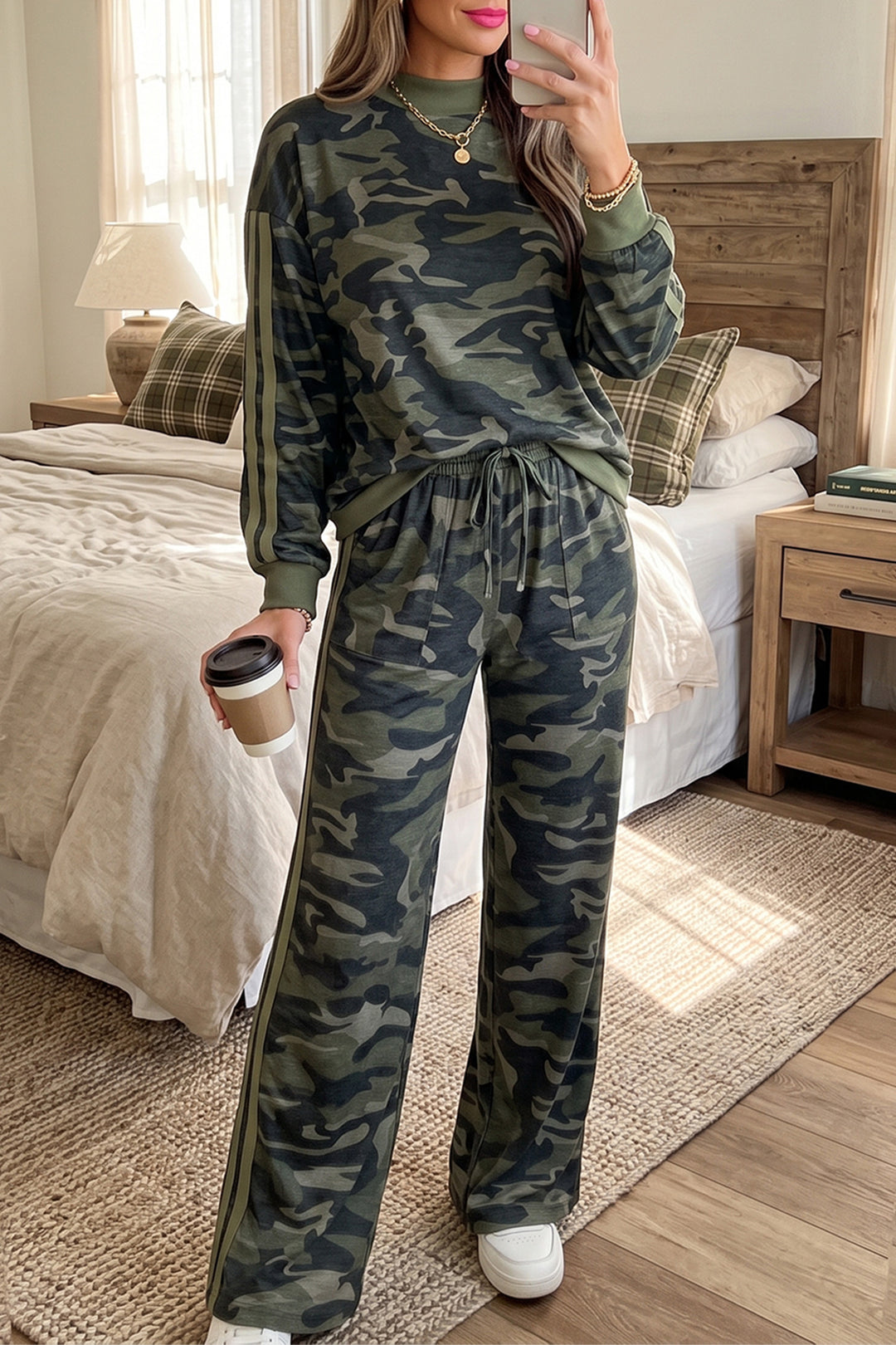 Multicolour Camouflage Patchwork Striped Detail Long Sleeve Top Casual Pants Set