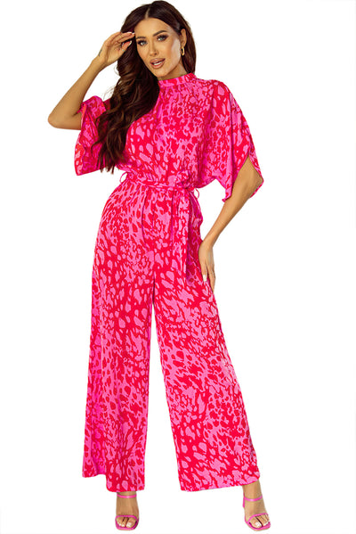 Rose Leopard Loose Sleeve Belted Wide Leg Jumpsuit