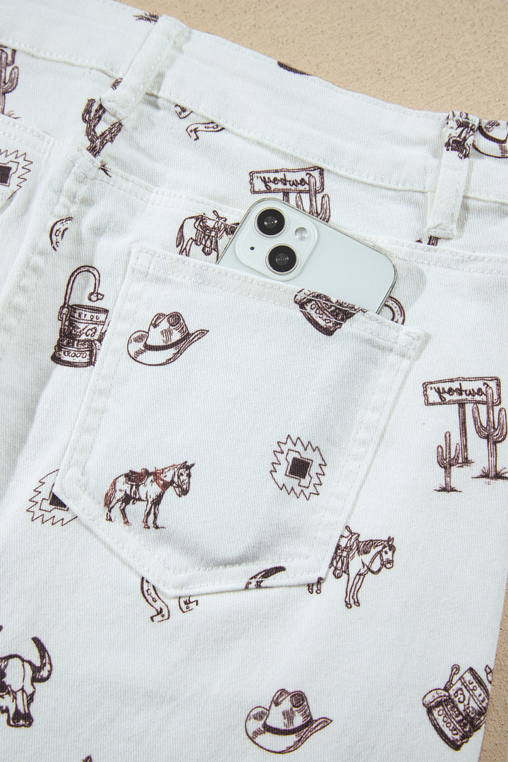 White Western Print Cactus Horse Bull Denim Skirt