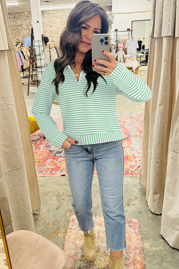 Blue Stripe Quarter Zip Collar Pullover Long Sleeve Top