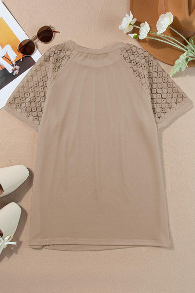 Pale Khaki Seamed Detail Contrast Lace Raglan Sleeve Tee