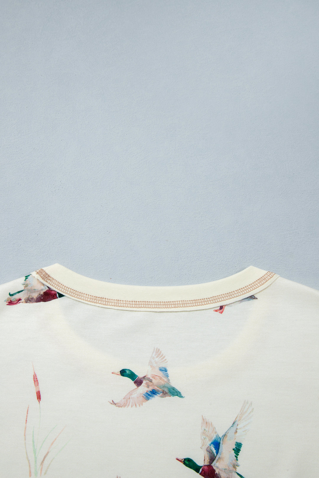 Beige Free Mallard Print Long Sleeve Top Drawstring Short Set