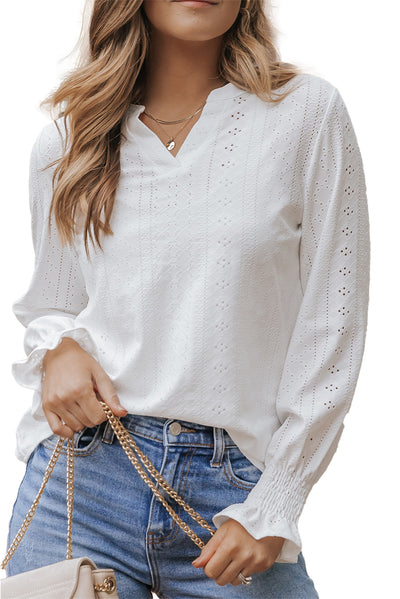 White Split Neck Textured Loose Blouse