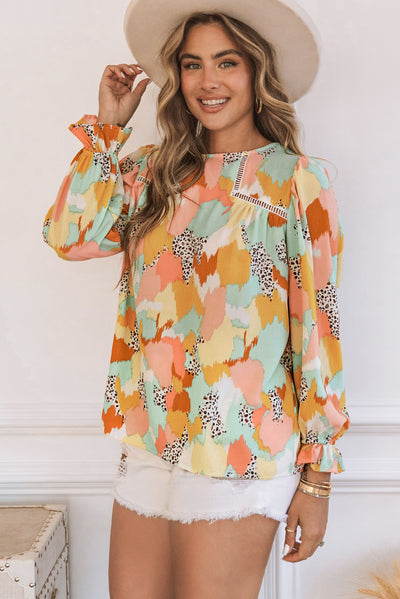 Pink Abstract Printed Long Sleeve Blouse