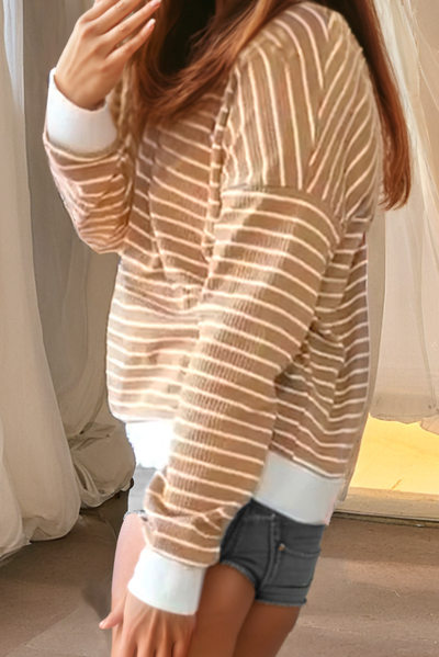 Khaki Stripe Patched Edge Textured Round Neck Long Sleeve Top