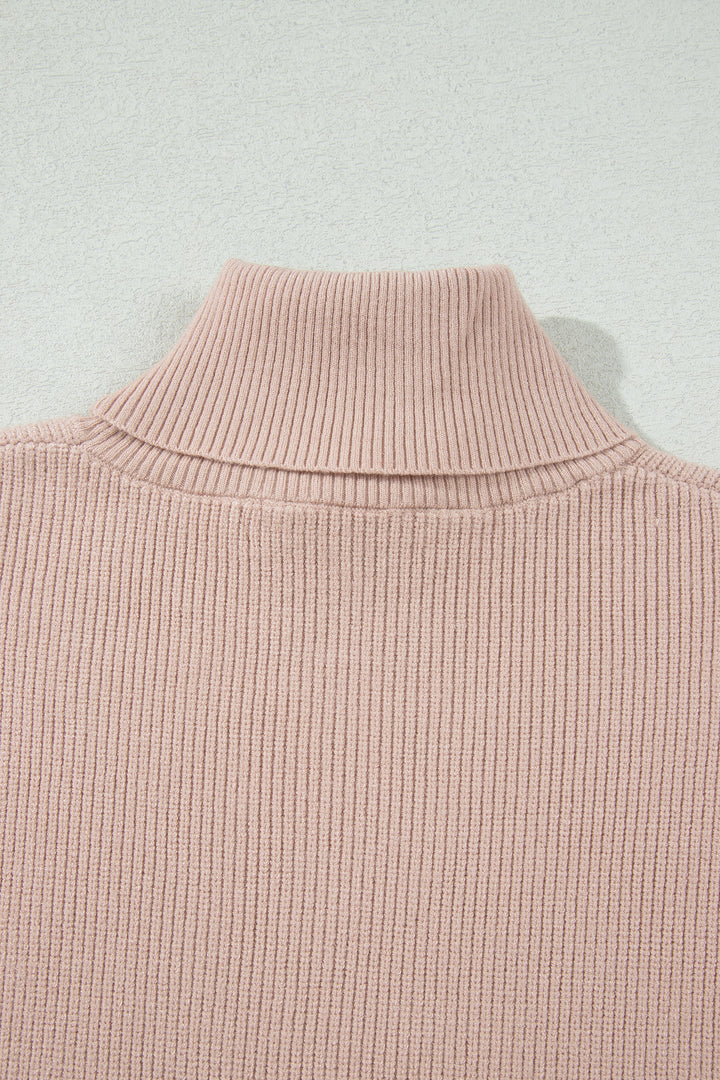 Light French Beige Sleeveless High Neck Knit Split Hem Shift Silhouette Wool Sweater Vest