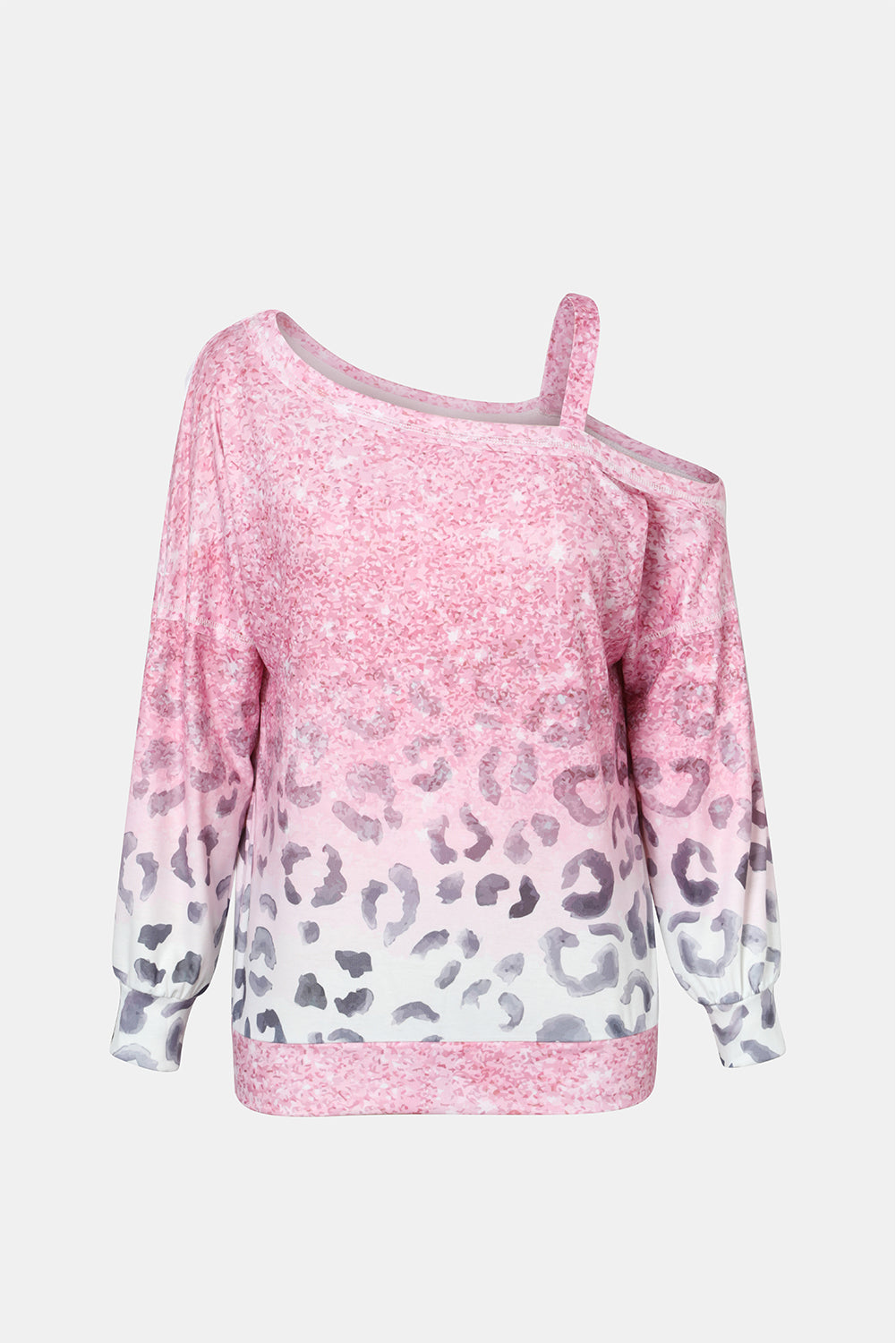 Pink Leopard Patchwork One Shoulder Long Sleeve Top