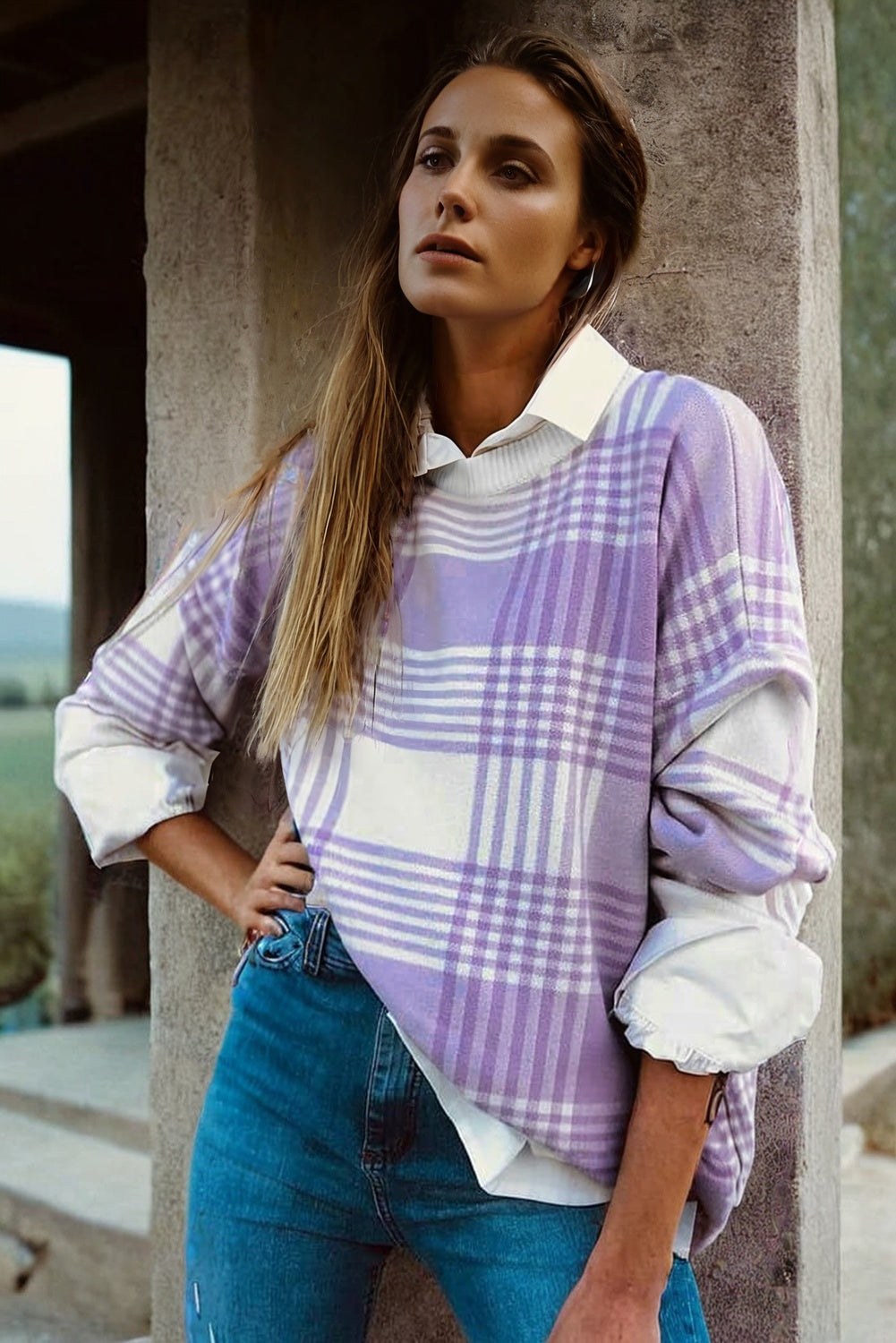 Lilac Plaid Print Ribbed Trim Loose Sweater