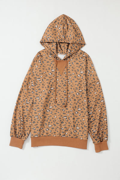 Leopard Long Sleeve Drawstring Cropped Hoodie