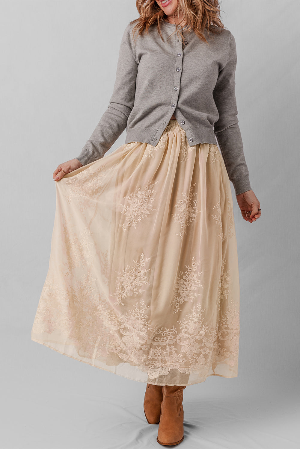 Vivienne Embroidered Mesh Overlay Long Skirt
