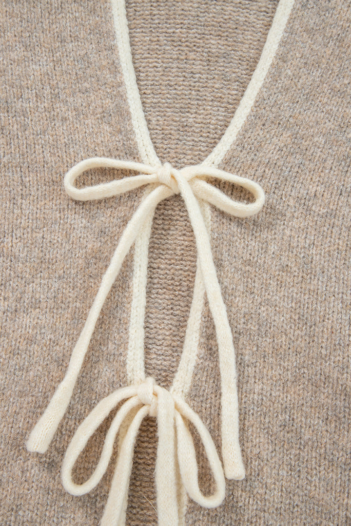 Pale Khaki Tied Front Drop Shoulder Chunky Casual Cardigan