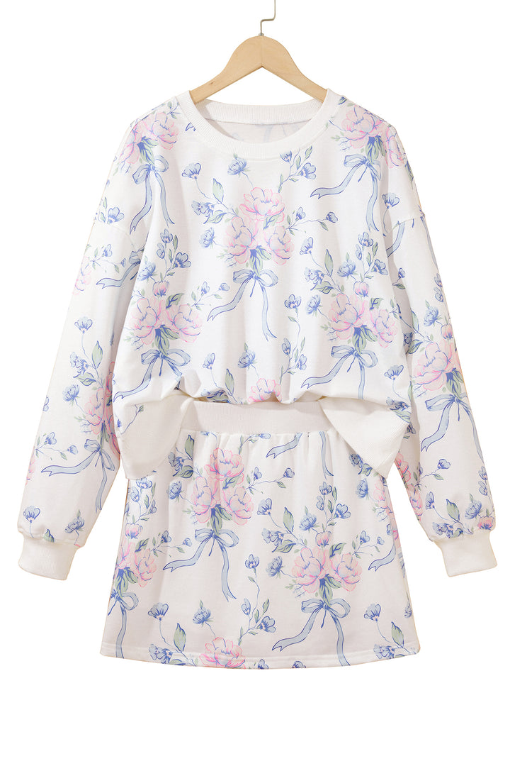 White Floral Print Long Sleeve Top Elastic Waist Skort Two Piece Dresses