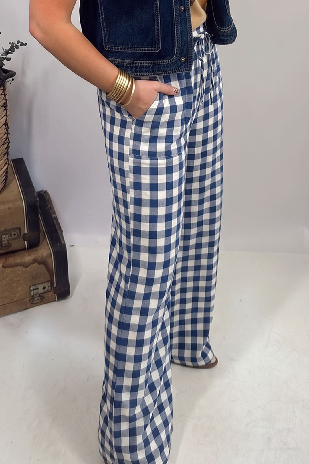 Red Gingham Plaid Tie Elastic Waist Shift Pants