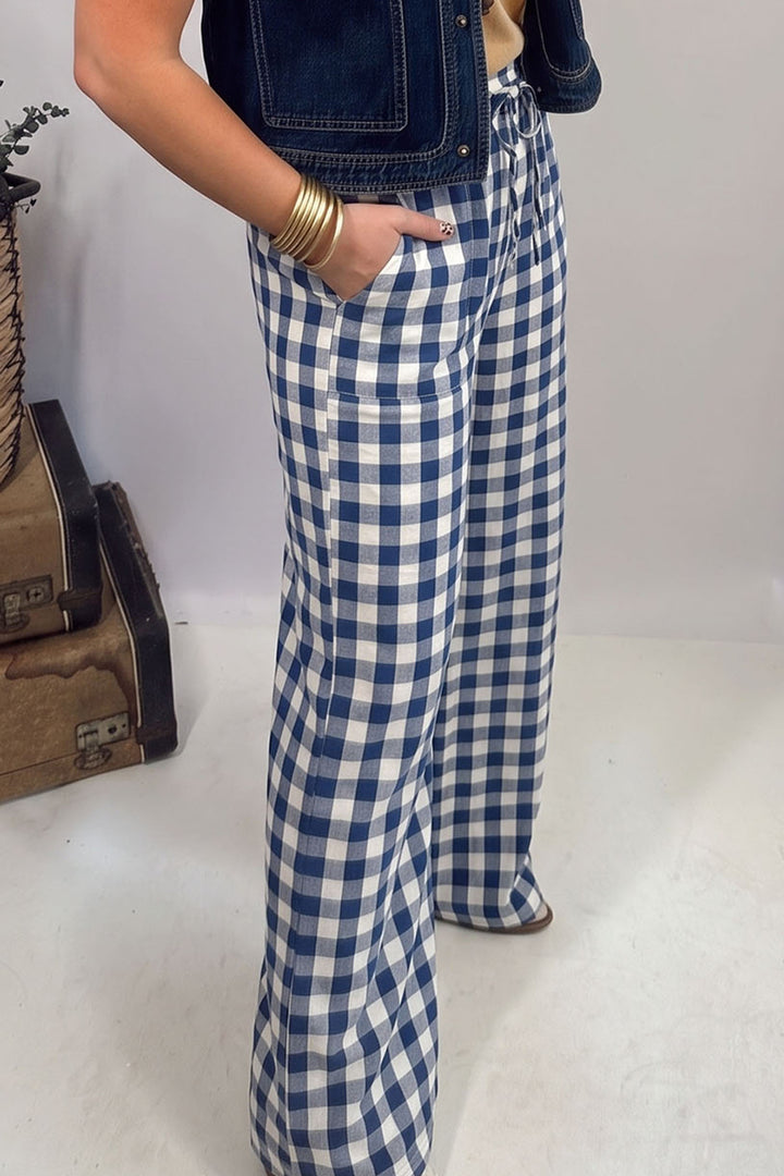 Red Gingham Plaid Tie Elastic Waist Shift Pants