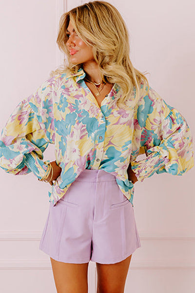 Yellow Floral Allover Print Shirred Cuff Oversized Shirt