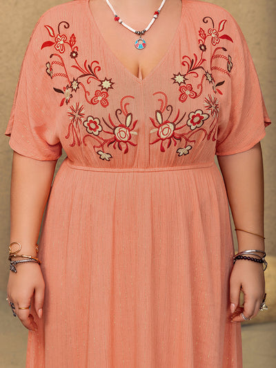 Plus Size Frill Embroidered V-Neck Half Sleeve Maxi Dress