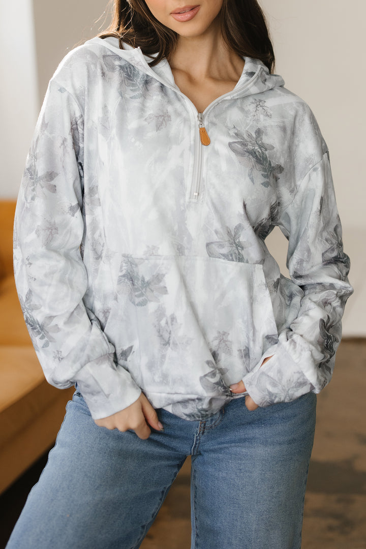 Gray Camo Leaf Print Kangaroo Pocket Quarter Zip Hoodie