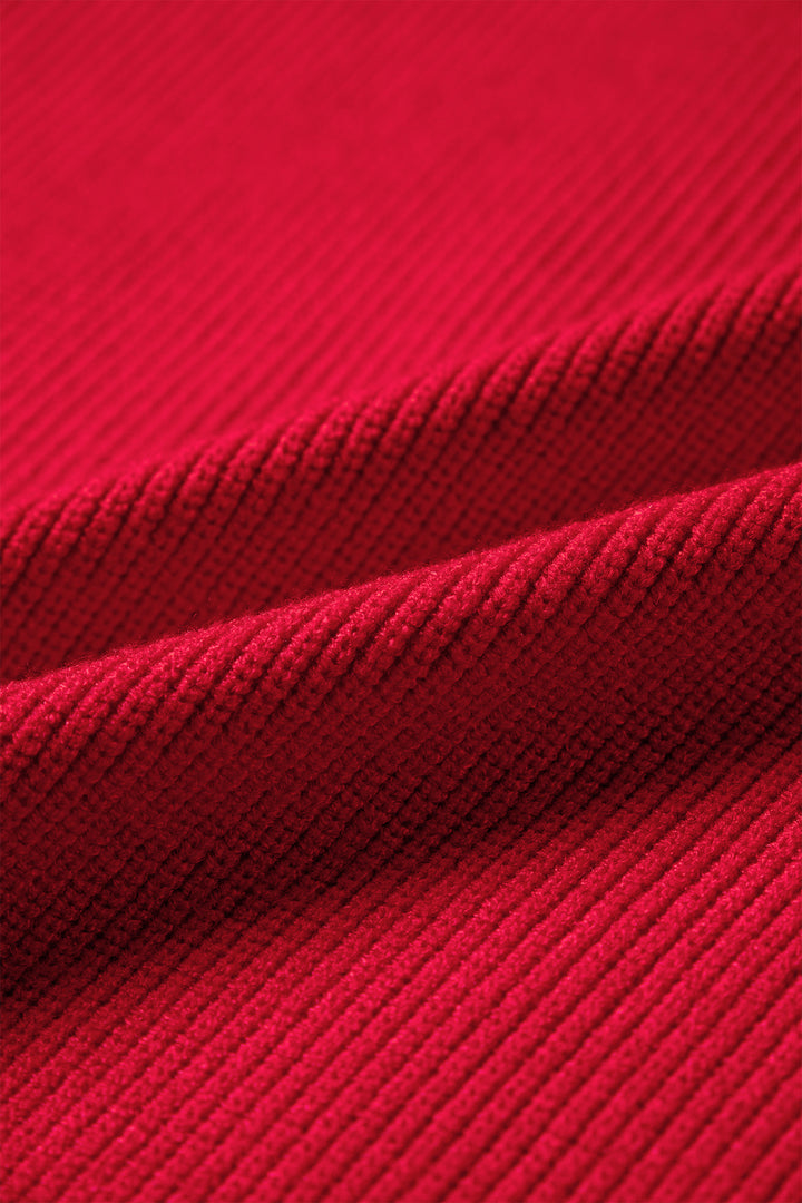 Fiery Red Bow Embroidered Graphic Ribbed Sweater Top