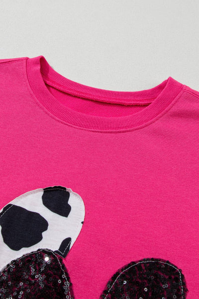 Strawberry Pink Cow & Sequin Double Heart Patch Graphic Sweatshirt