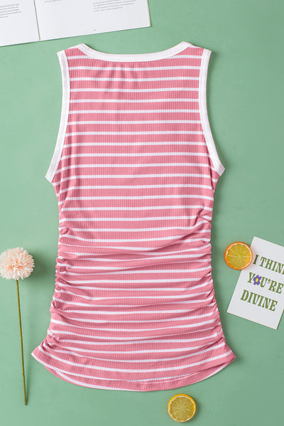 Pink Stripe Contrast Round Neck Sleeveless Slim Top